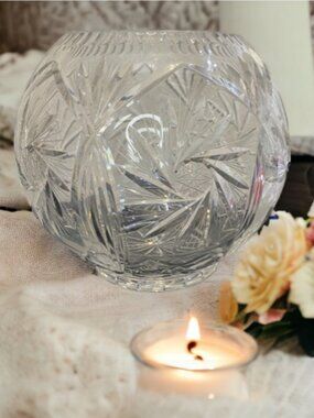 CUT GLASS LEAD CRYSTAL ROSE BOWL – Large Decorative Centerpiece, Clear, Vintage